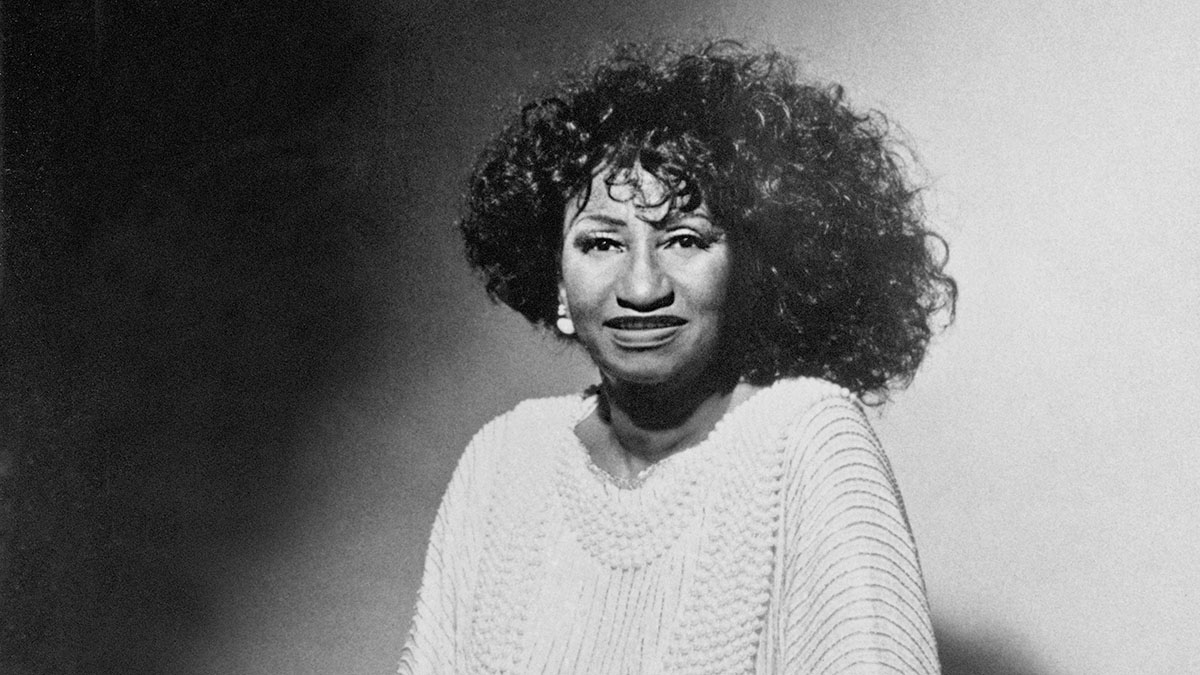 Celia Cruz, photographed in mid-performance.