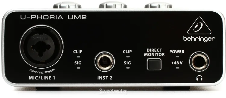 Front panel of the Behringer U-Phoria UM2. Left side: a combo XLR/TRS input labeled Mic/Line 1 with Clip and Sig LEDs. Middle: a 1/4 inch instrument input labeled Inst 2 with its own Clip and Sig LEDs, and a square Direct Monitor button. Right side: a Power LED with a +48V indicator below it, and a headphone output. Note: the gain knobs for this interface are on the top of the unit, not the front.