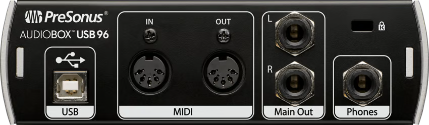 Back panel of the PreSonus AudioBox USB 96. From left to right: USB-B port, two MIDI DIN connectors labeled In and Out, two 1/4 inch TRS Main Out jacks labeled L and R, a Kensington security slot, and a 1/4 inch Phones output.