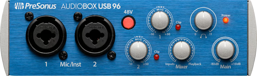 Front panel of the PreSonus AudioBox USB 96. Left side: two combo XLR/TRS inputs labeled 1 and 2, with a shared Mic/Inst type label between them. Middle: a red 48V phantom power button with red indicator light, and two gain knobs, one per input, each labeled with Inst and Mic positions and a -10 to +30 dB scale, each with a clip indicator LED. Right side: a Mixer blend knob (Inputs to Playback), a Main output knob, a power LED, a headphone output, and a phones level knob.