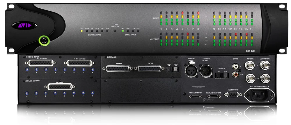 Front and rear views of the Avid HDX I/O. The front has level meters for 16 inputs and 16 outputs plus sample-rate and sync-mode indicators. The rear has two DB25 analog input connectors (+4dBu and -10dBV), a DB25 analog output connector, AES/EBU, TDIF, ADAT optical, S/PDIF, and BNC word-clock I/O.