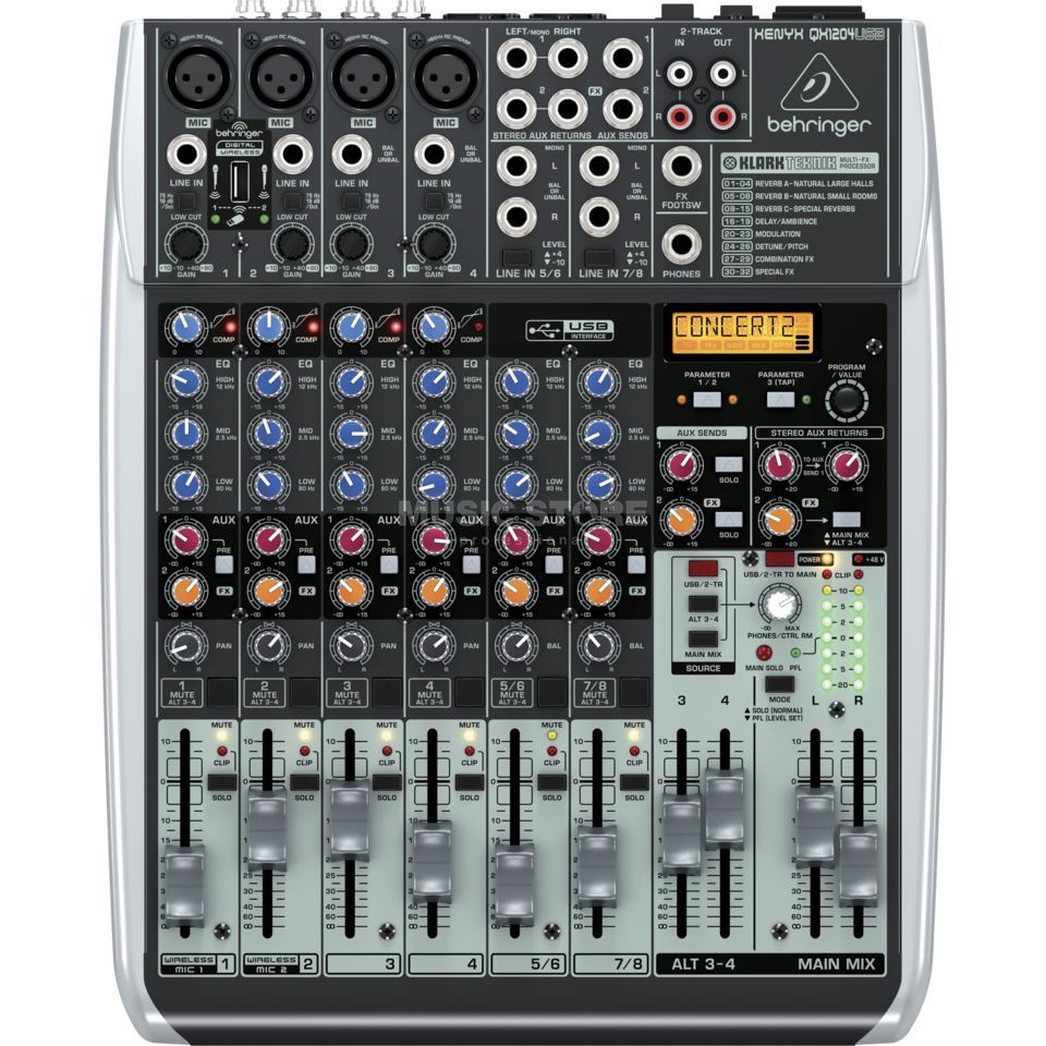 Top view of the Behringer Xenyx QX1204USB mixer. A small 8-channel mixer with four mono mic/line input strips, two stereo line-input strips, a USB port, master fader, and a multi-FX processor on the right.