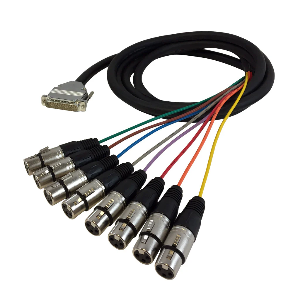 A DB25-to-8×XLR-female fan cable. One DB25 male connector on one end, fanning out to eight female XLR plugs on the other end, each on a colored wire.