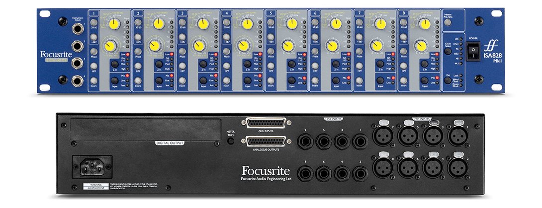 Front and rear views of the Focusrite ISA 828 MkII. The front has eight identical input strips: gain, impedance, +48V, phase, HPF, mic/line/insert select. The rear has 8 XLR mic inputs, 8 balanced 1/4-inch TRS line inputs, and a DB25 connector for 8 line outputs.