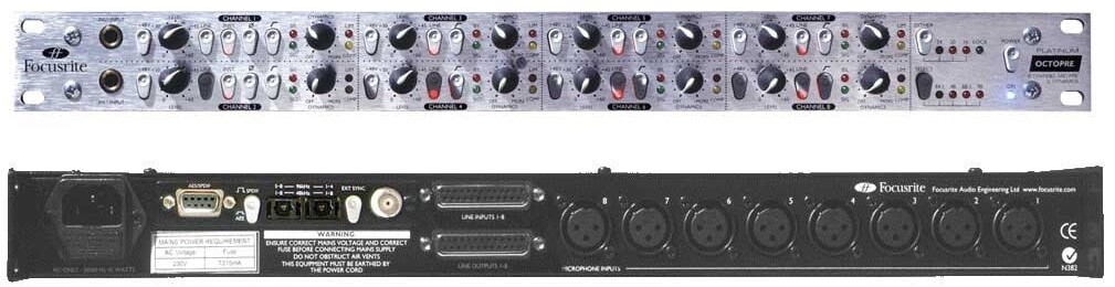 Front and rear views of the Focusrite OctoPre Platinum. The front has eight input strips with gain, +48V, phase, HPF, level meter, and a mic/line source switch. The rear has 8 XLR mic inputs and two DB25 connectors carrying the line inputs and the line outputs.