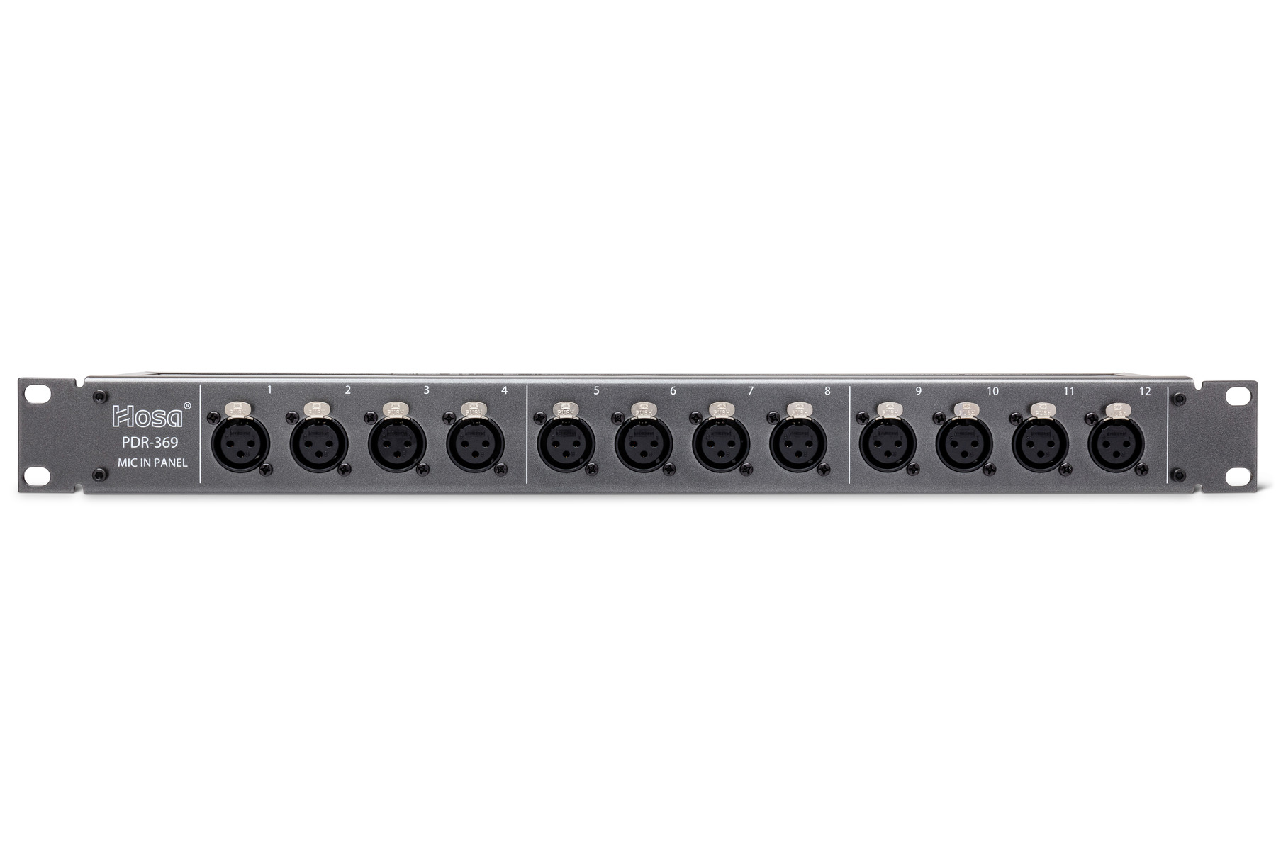 A 1U rack panel with sixteen XLR female jacks across the front, numbered 1 through 16. Labeled MIC IN PANEL.