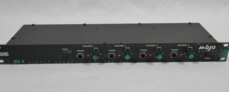 A 1U rack-mount unit with four channels, each having a 1/4-inch headphone jack and a level knob, plus a mono/stereo source switch. Labeled Rane MH4 Stereo Headphone Console.