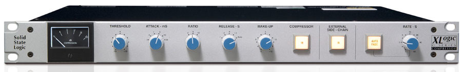 Front view of the SSL XLogic G Series Compressor. A 1U rack-mount unit with a large analog VU meter on the left and six knobs and two buttons across the front: threshold, attack, ratio, release, make-up gain, compressor in/out, external sidechain, auto fade.
