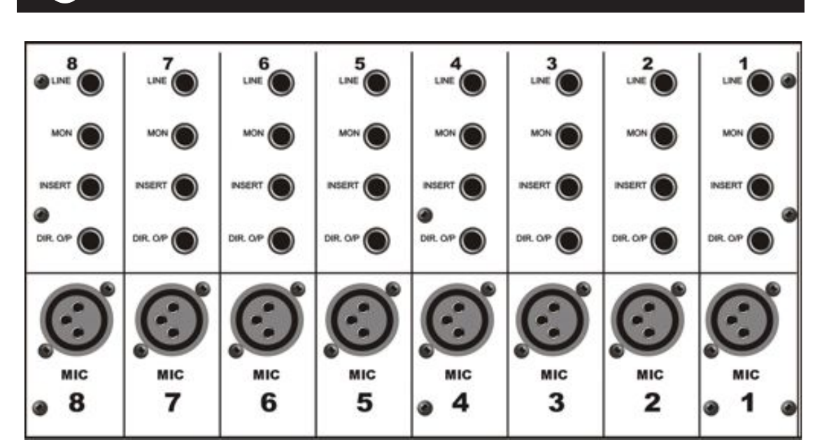 The back panel of the Toft ATB, showing the input connections for channels 1 through 8. Each channel has, from top to bottom: a LINE jack (1/4-inch TRS), a MON jack, an INSERT jack, a DIR. O/P jack, and at the bottom a large female XLR socket labeled MIC.