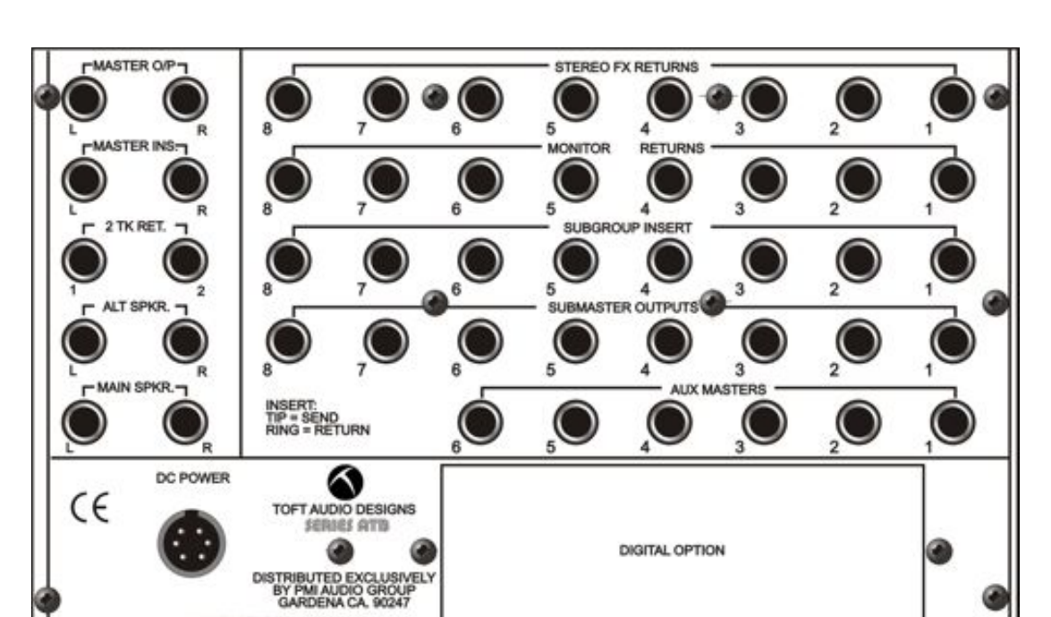 The output section of the Toft ATB rear panel. On the left: MASTER O/P L and R, MASTER INS L and R, 2 TK RET. 1 and 2, ALT SPKR L and R, MAIN SPKR L and R. On the right, in rows: STEREO FX RETURNS 1 through 8 (sixteen jacks), MONITOR RETURNS 1 through 8, SUBGROUP INSERT 1 through 8, SUBMASTER OUTPUTS 1 through 8, and AUX MASTERS 1 through 6. A DC POWER round connector and a DIGITAL OPTION blanking panel sit at the bottom.