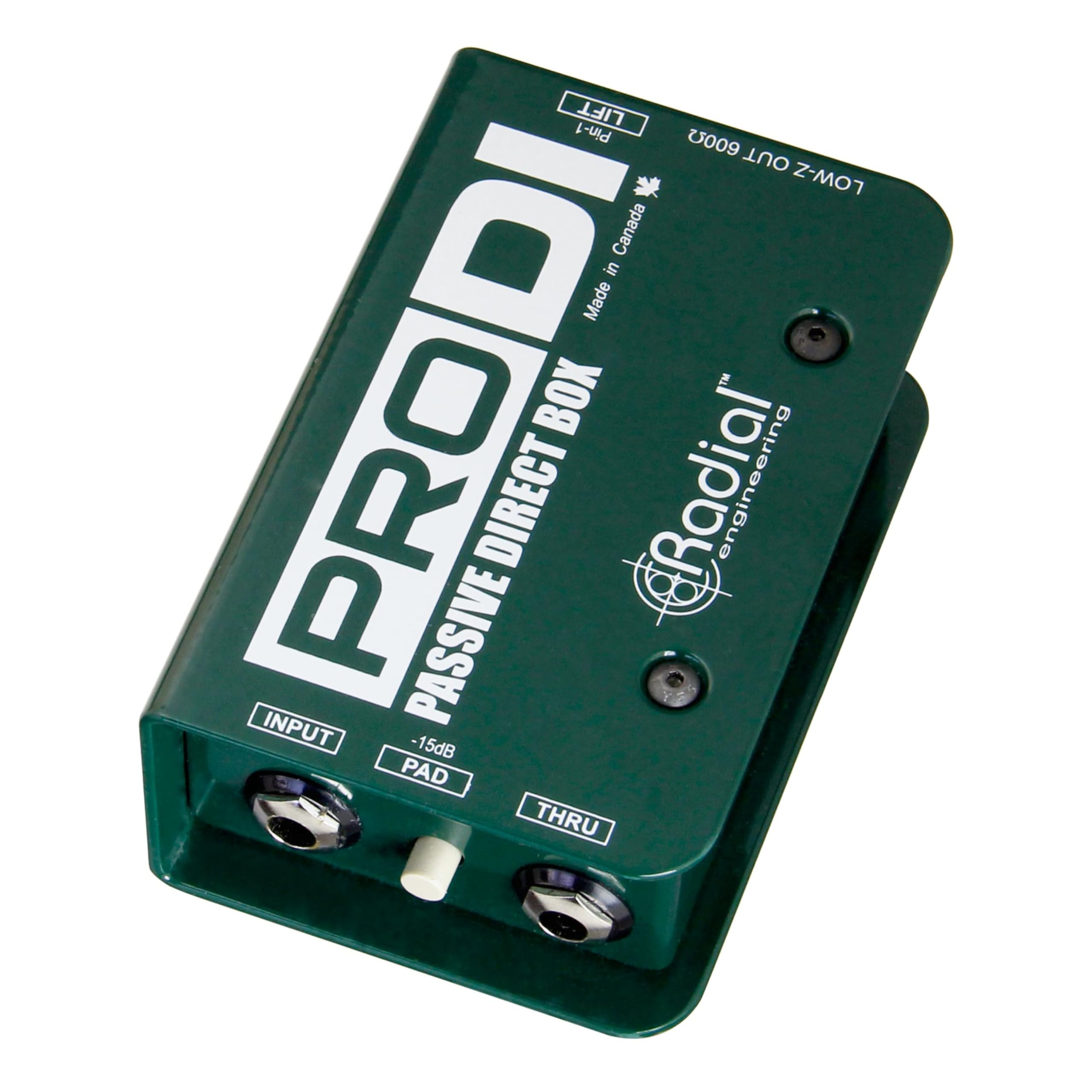 A Radial Pro DI box, a small green metal box with the labels PRO DI and PASSIVE DIRECT BOX printed on top. The front edge has a 1/4 inch INPUT jack, a -15 dB PAD switch, and a 1/4 inch THRU jack. The side panel is labeled LOW-Z OUT 600 ohm, indicating where the XLR output sits.