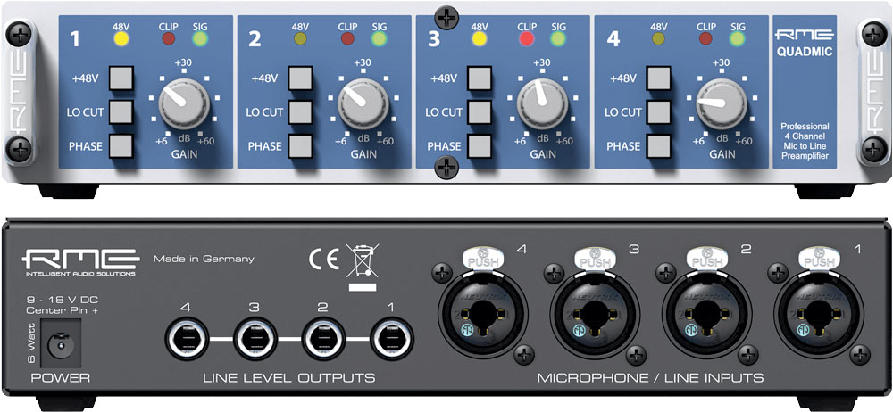 An RME QuadMic four-channel hardware preamp, shown from the front and the back. The front panel has four identical channel strips, each with a +48V phantom power button, Lo Cut button, Phase button, a large gain knob ranging from +6 to +60 dB, and Sig and Clip LEDs. The back panel shows four combo XLR jacks labeled Microphone / Line Inputs on the right and four 1/4 inch Line Level Outputs on the left, plus a power input.