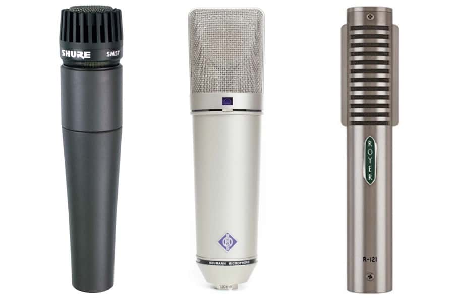 Three microphones photographed side by side against a white background. Left: a Shure SM57 dynamic microphone, dark grey with a black grille on top. Center: a Neumann large-diaphragm condenser microphone, silver with a prominent metal mesh grille. Right: a Royer R-121 ribbon microphone, brushed metallic finish with horizontal slats over the ribbon element.