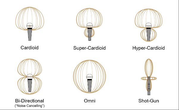 A chart of six common microphone polar patterns drawn around microphone bodies. Top row: cardioid (a heart shape, full in front), super-cardioid (a tighter heart shape with a small rear lobe), and hyper-cardioid (an even tighter heart shape with a larger rear lobe). Bottom row: bi-directional (two equal lobes front and back, labeled Noise Cancelling), omni (a sphere around the mic), and shot-gun (a long narrow lobe pointing forward).
